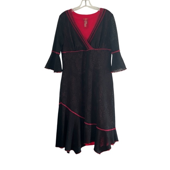 Y2K Babydoll Black Red Lace Overlay Dress Bell Sleeves Witchy Goth Grunge 10 - Picture 1 of 10